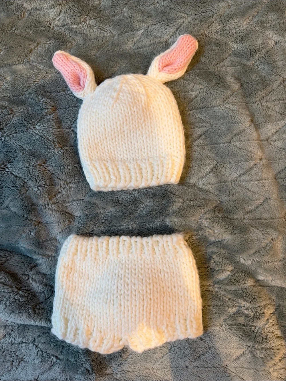 Cozy Bunny Ear Knit Hat & Shorts Set - White with Pink Ear Lining